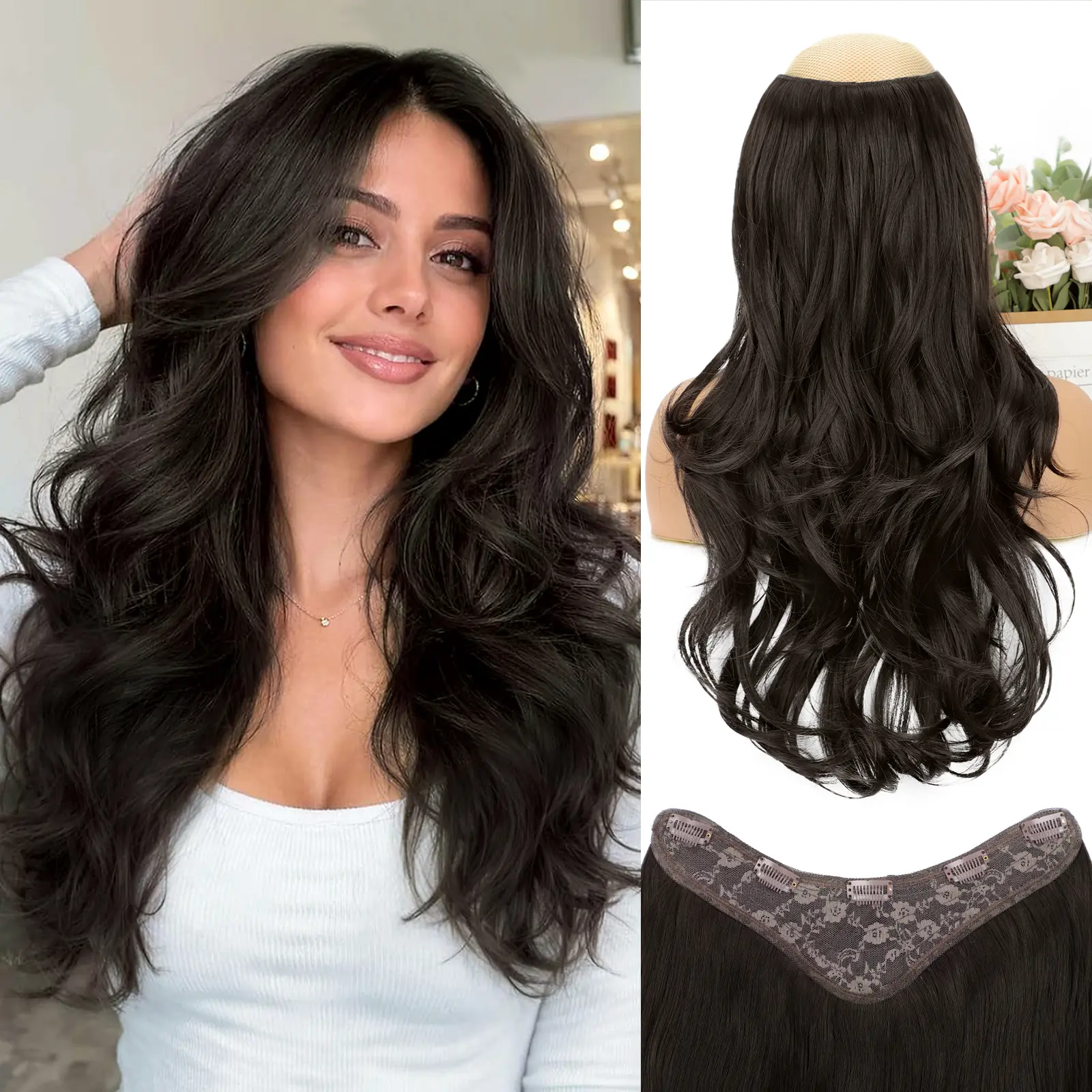 FXMONGYI Clip in Hair Extensions 20 Inch Natural Layered Long Wavy Invisible Hair Extensions Soft Full Head Synthetic Hairpieces for Women