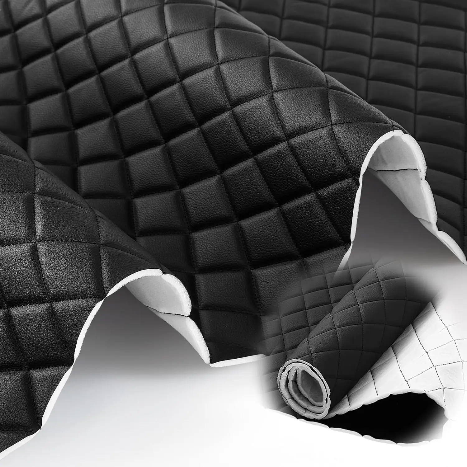 Diamond Quilted Faux Leather Upholstery Material, 55.1 x 75.6 in Cut-to-Fit Foam-Backed Vinyl Fabric, 0.26 in Thick with 2 x 3 in Pattern for Car Headliner, Interior Panels, Seats, Motorcycles and Furniture