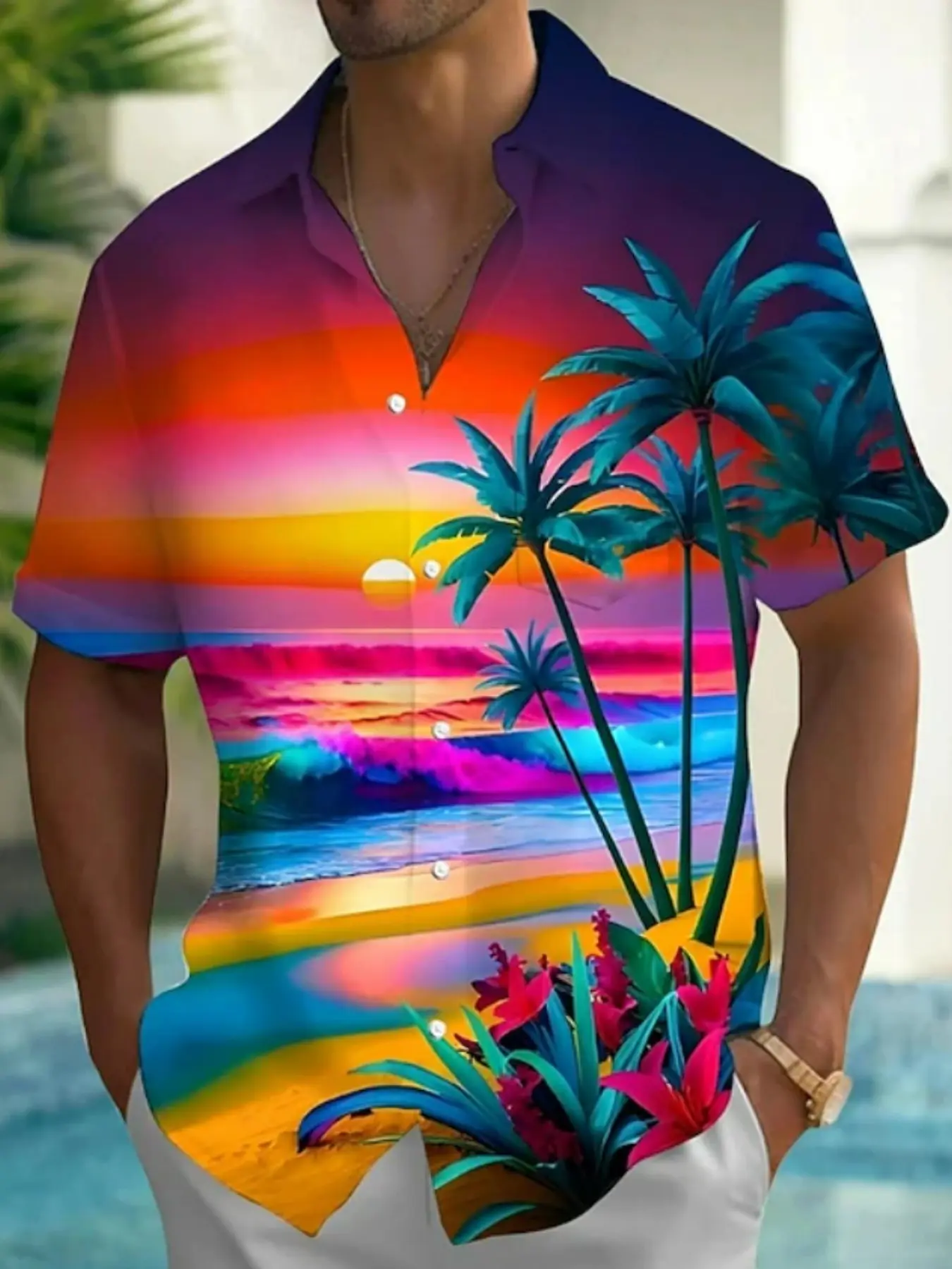 Men's Tropical Coconut Tree Natural Landscape Hawaiian Coastal Shirt, Casual Button Collared Top, Summer Casual Vacation Button-Up Short Sleeve Fitted, Flip Collar All Over Printed 3D Print Front Pocket