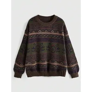 Women's Geometric Pattern Drop Shoulder Sweater, Knitwear Oversized, Fairycore, Long Sleeve Round Neck Sweater Casual Comfort Fit Womenswear��gift�� Spring EssentialGift