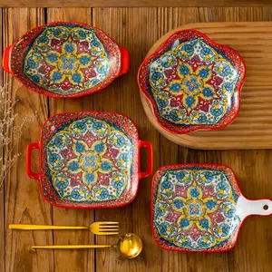 Boho Style Ceramic Bakeware Baking Set, 4 Counts/set Including 4 Different Styles Baking Pan & Serving Bowl, Kitchen Baking Supplies