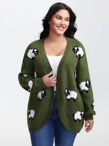 BloomChic Women's Oversized Moss Flocked Lamb Jacquard-Knit Cardigan - Collared Kimono Neck, Drop Shoulder Long Sleeve, Open Front, Curvy Hem Animal Print Loose Fit Knit Top, Open Front Cardigan Lightweight Knit Sweater Knitwear