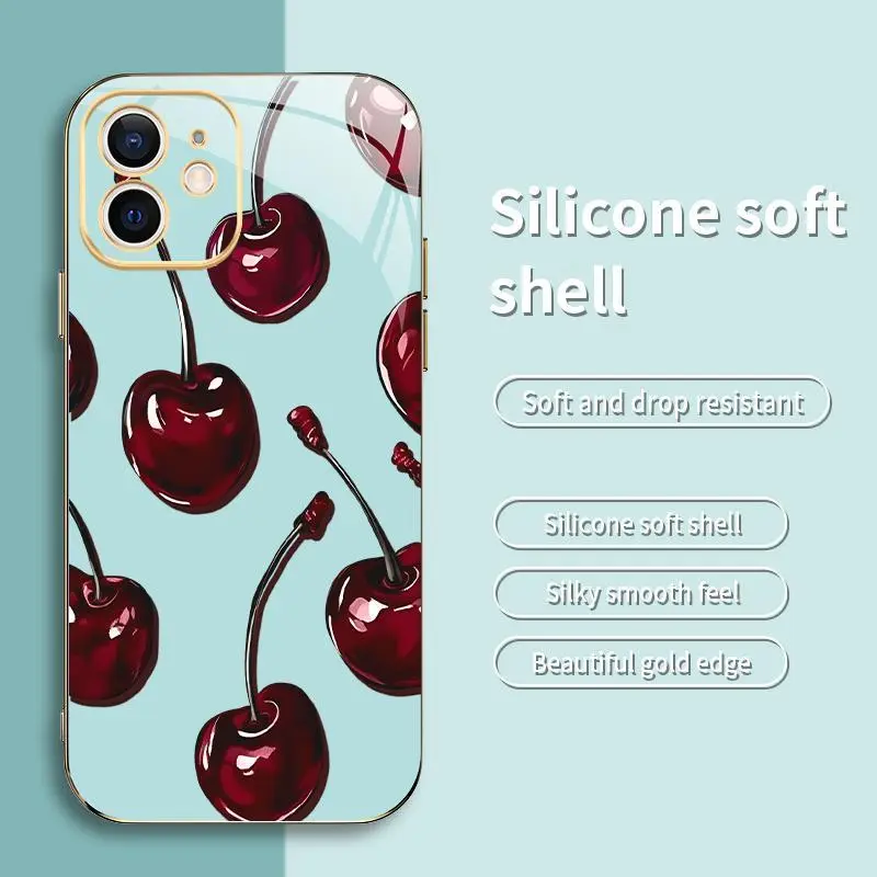 Vintage Cherry Coquette Phone Case, Glossy Dark Fruit Aesthetic, Gold Edges, Soft Cover for iPhone 12—975