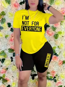 Two-Piece Set Women's Letter Print Short Sleeve Tee & Skinny Shorts, Casual Round Neck T-shirt & Shorts for Summer, Ladies Clothes for Daily Wear, Suits, Womenswear