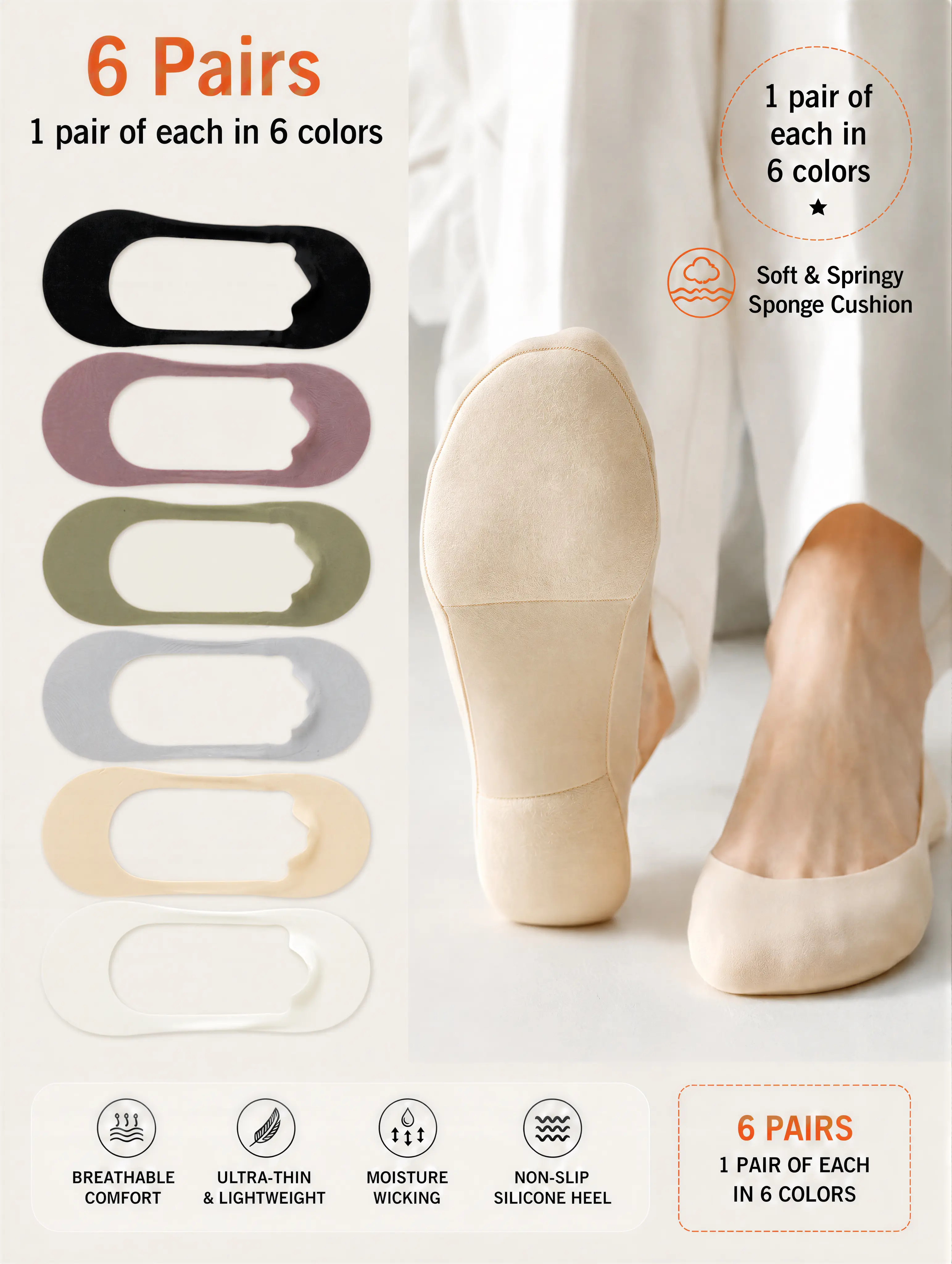 Women's Plain Invisible Low Ankle Low Cut Sock Pack (6 Pairs) - Summer Ice Silk Fabric, Soft, Breathable, Sponge Sole, Non-Slip, Shock-Absorbent, Sweat-Absorbent, for High Heels & Flats, Ideal for Gifting, Low Cut Socks