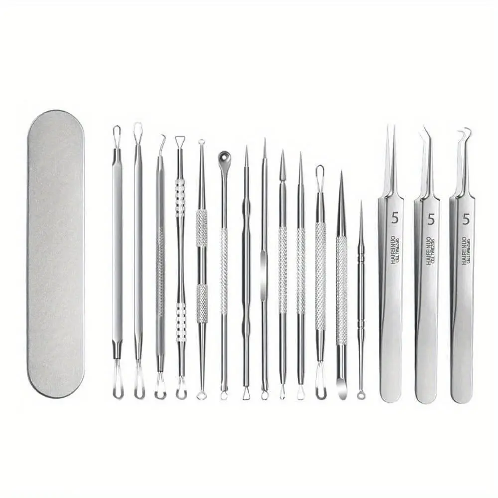 16pcs Professional Stainless Steel Blackhead Remover Tools Kit - Blackhead Cleaning Instrument, Pore Prep Scraper, Precision Nose Extractor Tweezers, Pimple Popper, Whitehead Comedone Remover for Face Acne