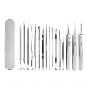 (16pcs) Professional Blackhead Remover Pimple Popper Tools Kit, Pore Prep Scraper, Precision Nose Blackhead Extractor Tweezers, Black Head Removal for Face Acne, Whitehead Popping Extractor, Blemish Comedone Facial Pack Stainless Stainless Steel