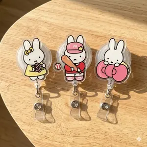 Aesthetic White Bunny Miffy Style Dessert House Acrylic Badge Reel Durable Retractable ID Name Tag Clip For School Faculty Nursing Student Gear