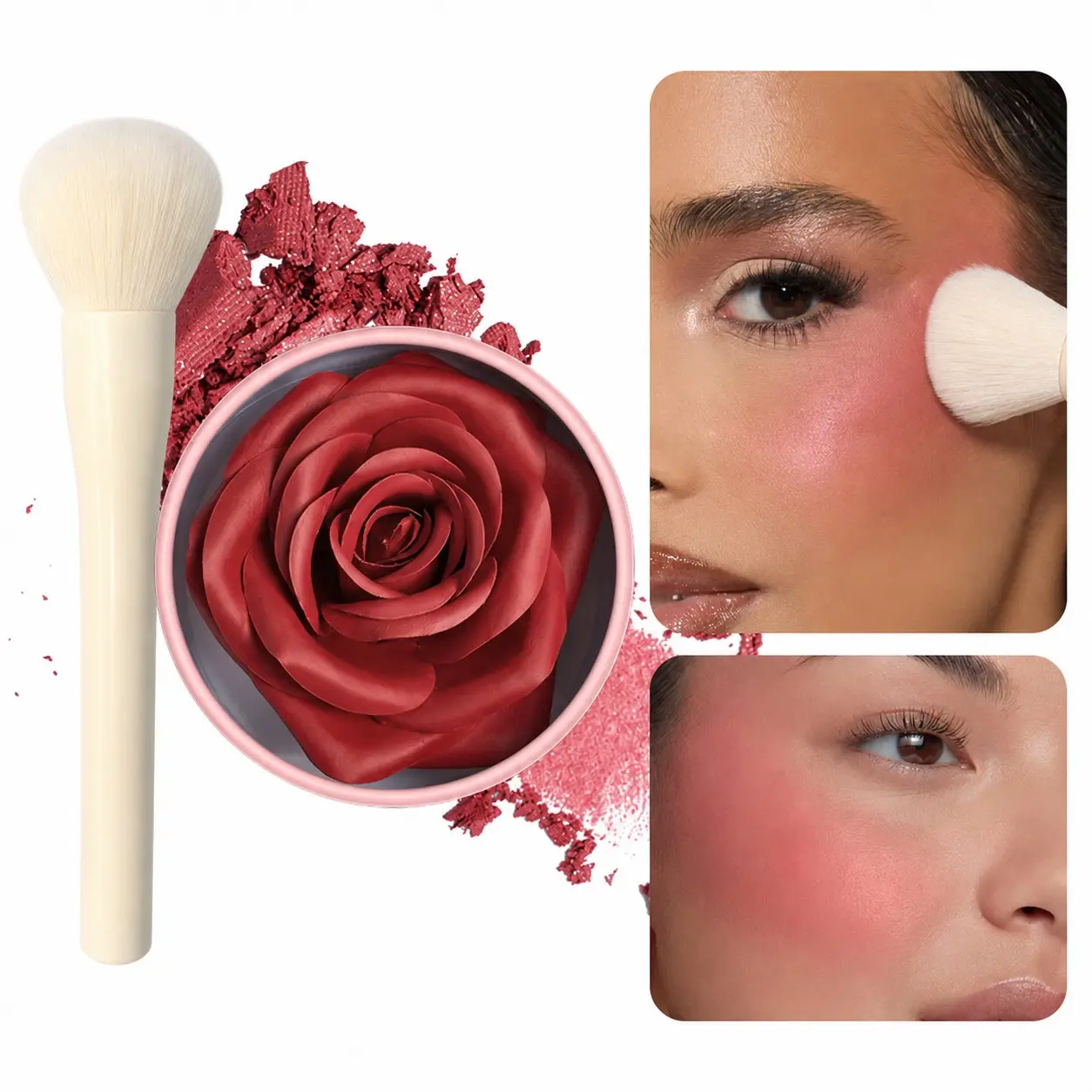 Veronni Rose Blush Set, 4 Color Petal Blush with Powder Brush, Natural Highlighter Shades, Perfect for Daily Makeup, Party, Office, Beauty Cosmetics
