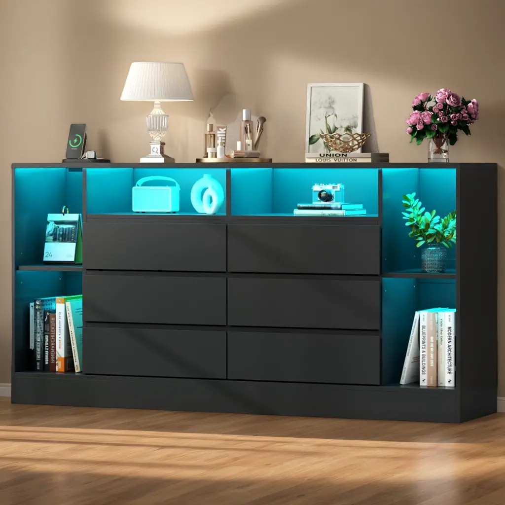 Loomie 6 Drawers Dresser with 6 Open Storage Cubbies, LED Dressers & Chests of Drawers with Power Outlet, 55" Wide Long Dresser for Bedroom, Modern storage cabinet with Open Shelf living room Furniture Organization Organizing Design