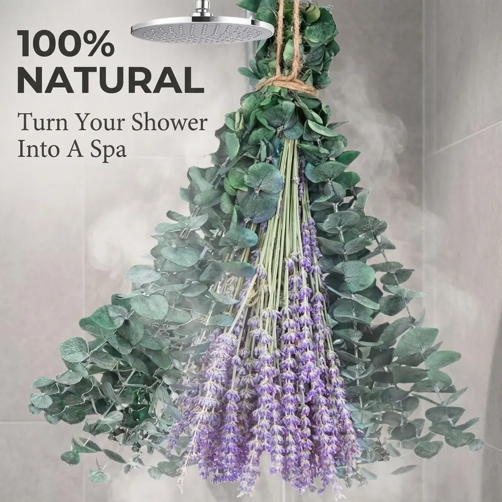 NurtureFlora Natural Eucalyptus Shower Bouquet, Eucalyptus & Lavender Natural Fragrance Bouquet, Made of Real Eucalyptus Branches and Preserved Natural Lavender Flowers, Ideal for Home, Bathroom, Wedding, Party Decor & Vase Filler