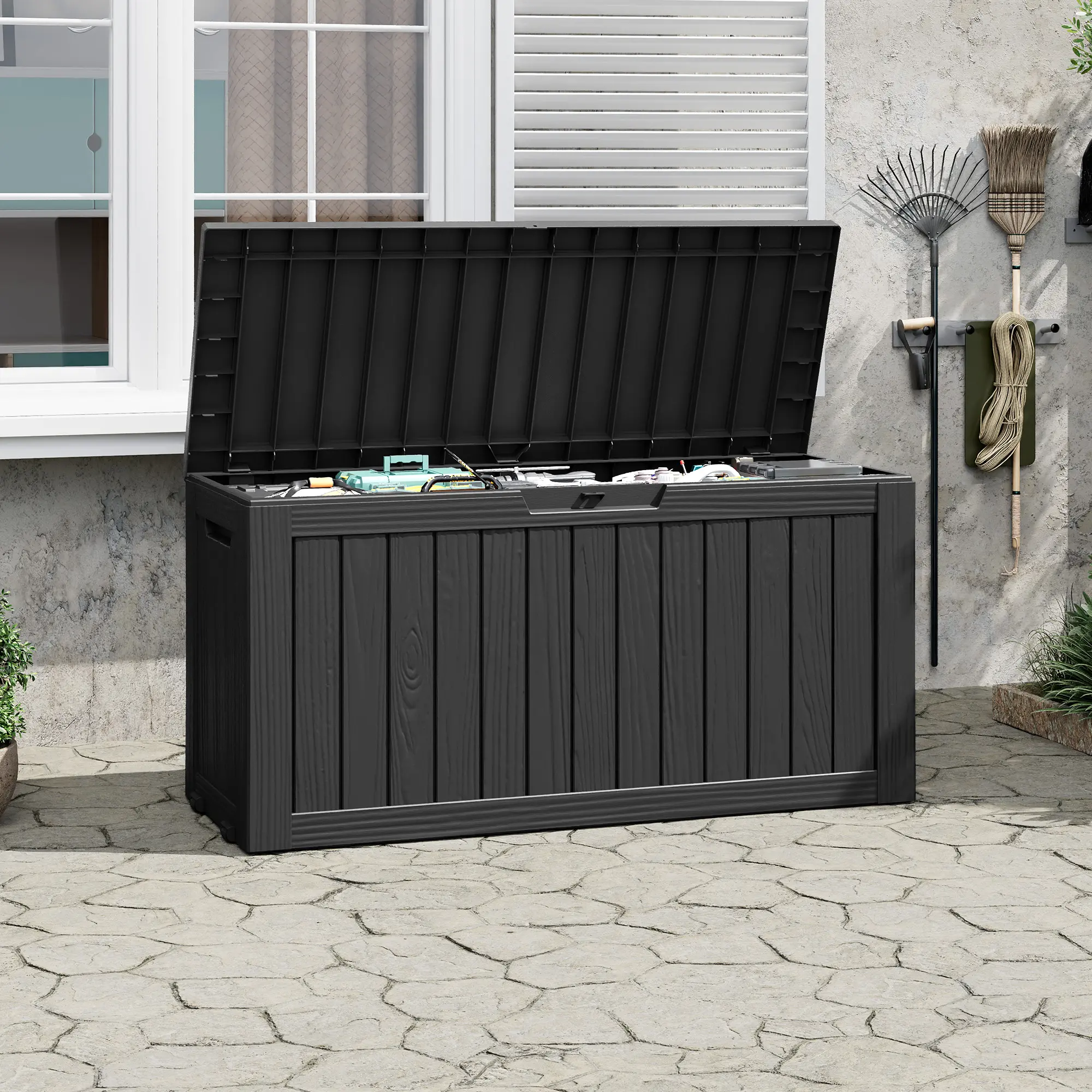 RIWENGO 79 Gal Waterproof Resin Outdoor Storage Bench with Lockable Lid, for Patio Cushions, Pool & Garden Storage