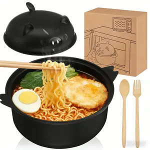 Large 45oz Cute Ramen Bowl Set Microwavable Pig Ramen Noodle Cooker Bowl with Strainer Lid Handle Spoon Chopsticks Fork Gift for Home Dorm College