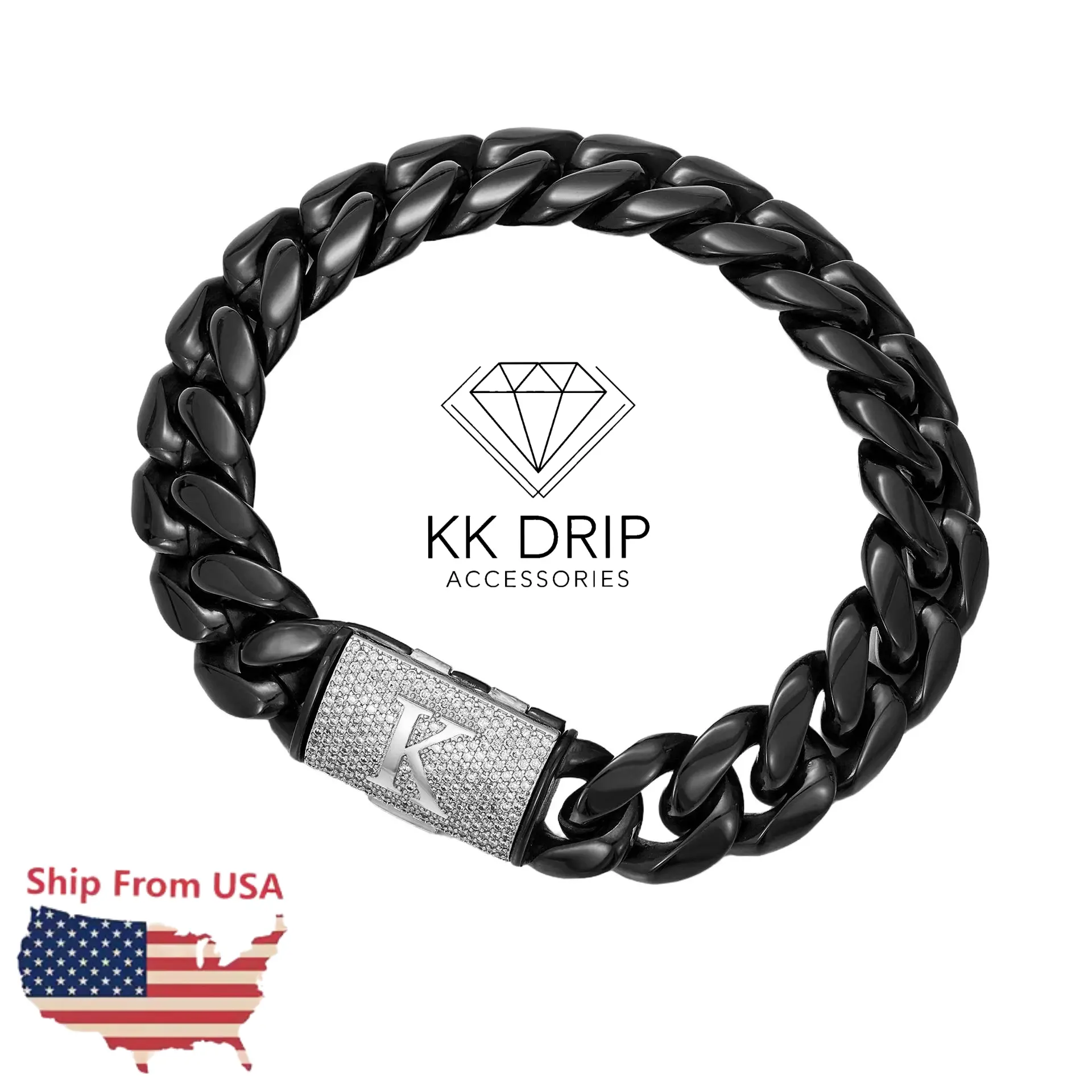 Black Stainless Steel Cuban Bangle - 14mm, 7.5/8.5in, Silver Clasp, Laser Engraved A-Z Letters, High Quality Punk Style Unisex Fashionable Bracelet, Mens Jewelry, Modern Edgy Daily Gift Accessory