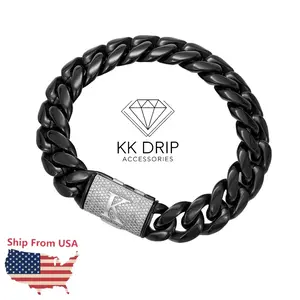 Black Stainless Steel Cuban Bracelet 14mm 7.5/8.5in - Silver Clasp & Laser Letters A-Z, Industrial Men's Jewelry for Goth/Punk/Hip Hop, Edgy Gift Modern Fashion Accessories bracelet men