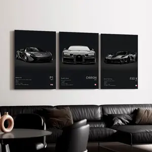Men's Car Poster Wall Decor Set of 3, Interior Decoration, Black Canvas Print, Suitable for Bedroom, Living Room, Boy's Room, Home Decoration
