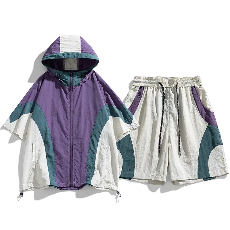 Two Piece Matching Tracksuit for Men, Curved Color Block Zip Hood Jacket + Drawstring Shorts, Light Quick Dry Wrinkle Resistant Fabric, Adjustable Hood, Hem Drawstrings & Side Pockets, Casual Outfit for Summer Daily Outdoor Wear and Athletic Training