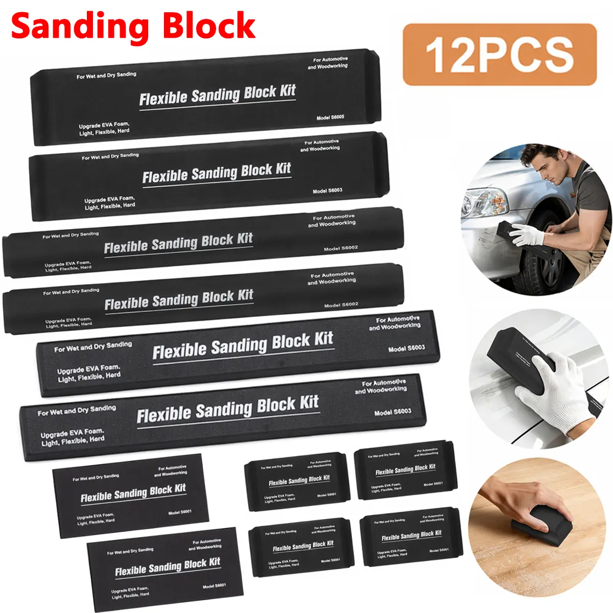 12-Piece Flexible EVA Wet-Dry Sanding Block Kit for Auto Body(Car Paint Care & Polishing Maintenance) sohochic
