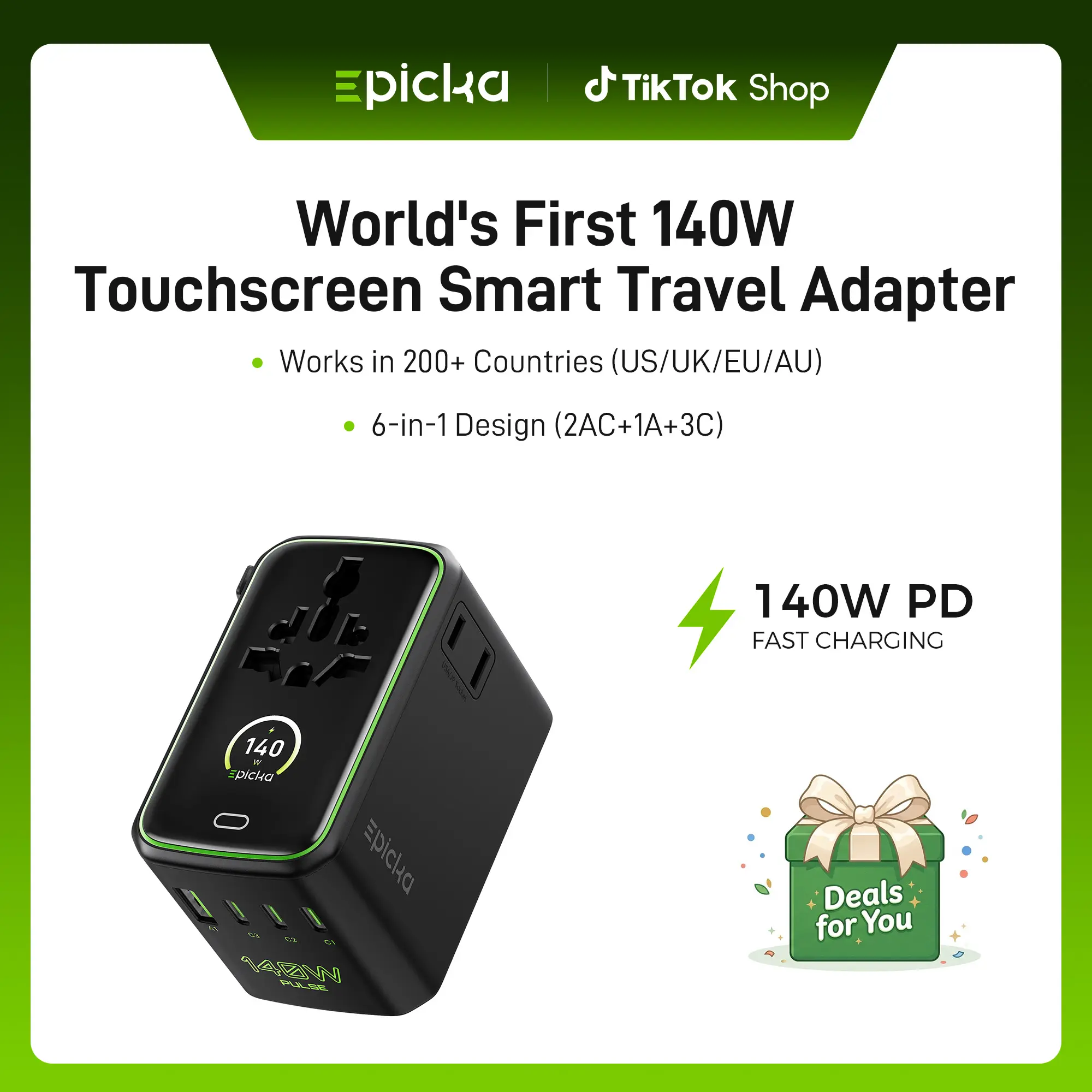 Epicka Pulse Duo 140W GaN Fast Charging Universal Charging Adapter - 6-Port USB-C Power Adapter for Smartphones, Multi-Country Travel Use, Electronic Devices, Smartphone, Multi-Country Adapters