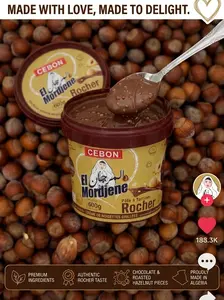 CEBON Gourmet Crunchy Cocoa Hazelnut Premium Spread, 600g Spreadable Pâte à Tartiner with Roasted Hazelnut Bits, Sugar-Palm Oil-Whey El Mordjen Rocher-Style Pantry Preserve for Pastry, Baked Goods