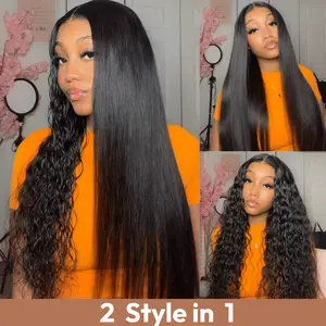 【2-in-1】UNice Bye Bye Slip Wet and Wavy Straight to Water Wave 13x4 Lace Frontal Human Hair Wigs with Invisi Drawstring Natural Hairline