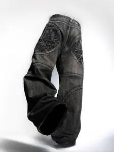 Vintage Washed High Street Trendy Loose Straight Denim Jeans, Casual Patchwork Design, Natural Waist, Zipper Fly, All Seasons