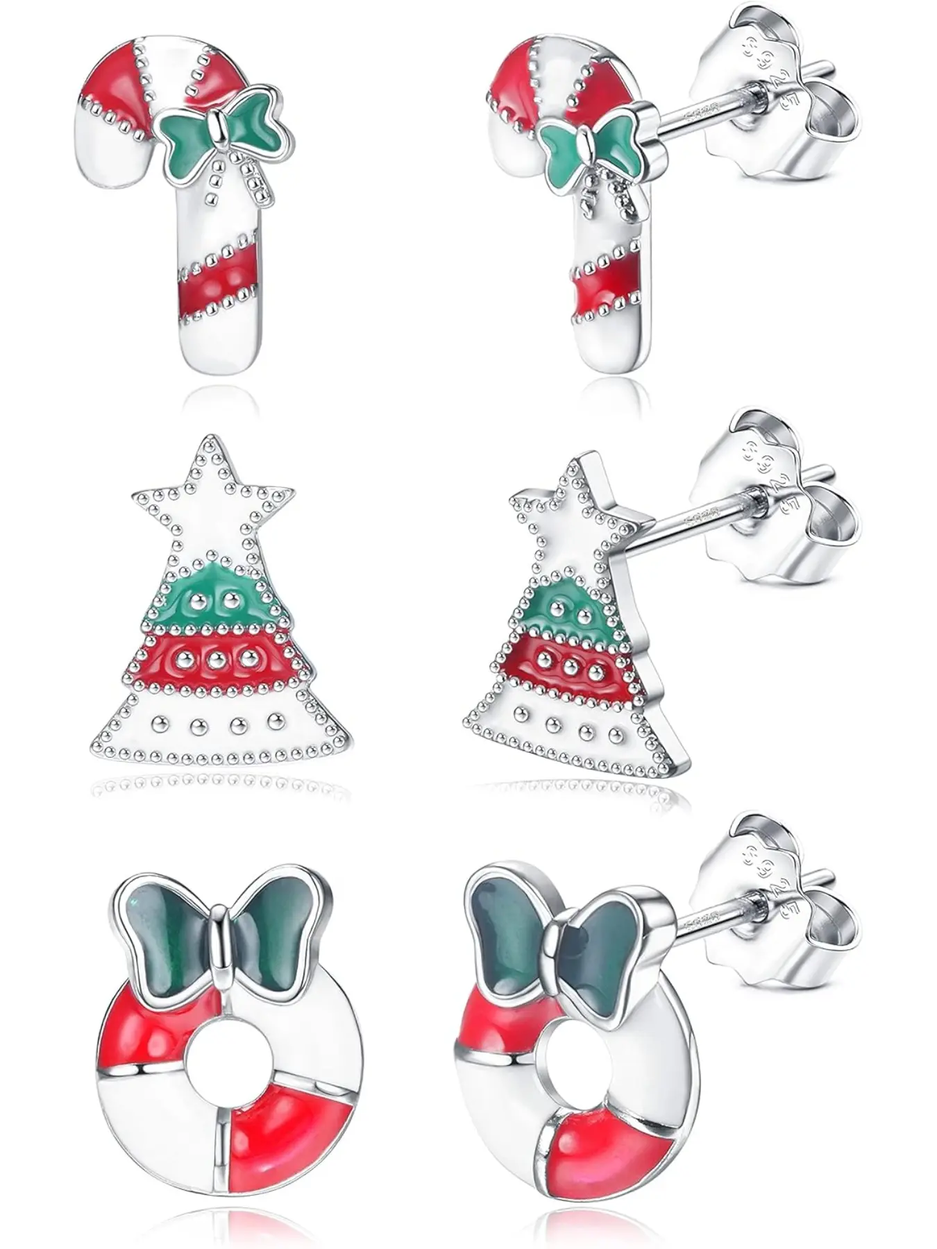 3 Pairs 925 Sterling Silver Christmas Stud Earring for Women Hypoallergenic Snowman Santa Claus Christmas Tree Stud Earring CZ Snowflake Elk Cane Donut Cartilage Earring Jewelry Gift