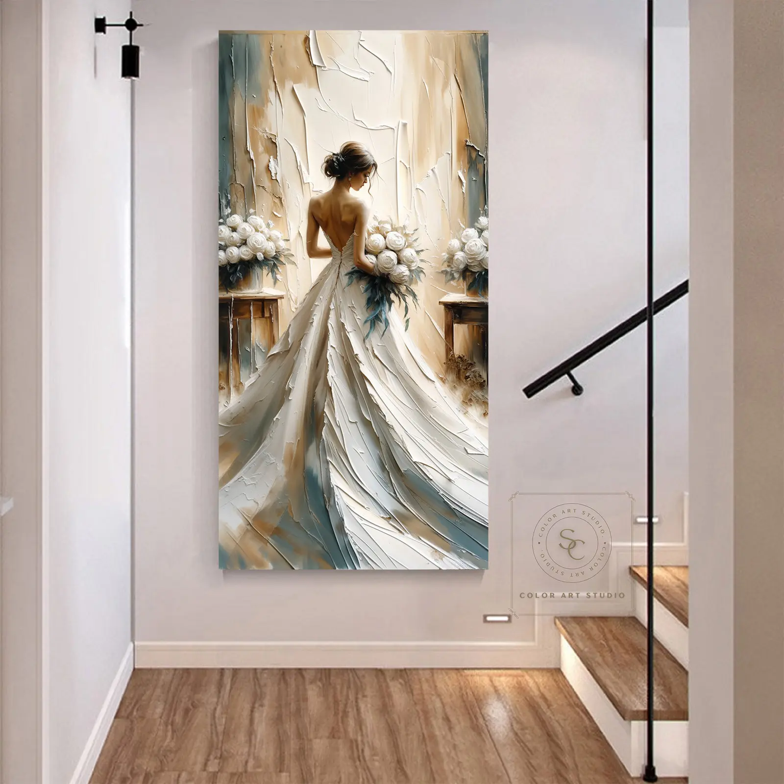 Vintage Wedding Oil Painting Print - Unframed Classic Farmhouse Romantic Wall Art, Elegant Bride Back View with Floral Bouquet, Indoor Home Decor for Any Room, Dining Room, Bedroom