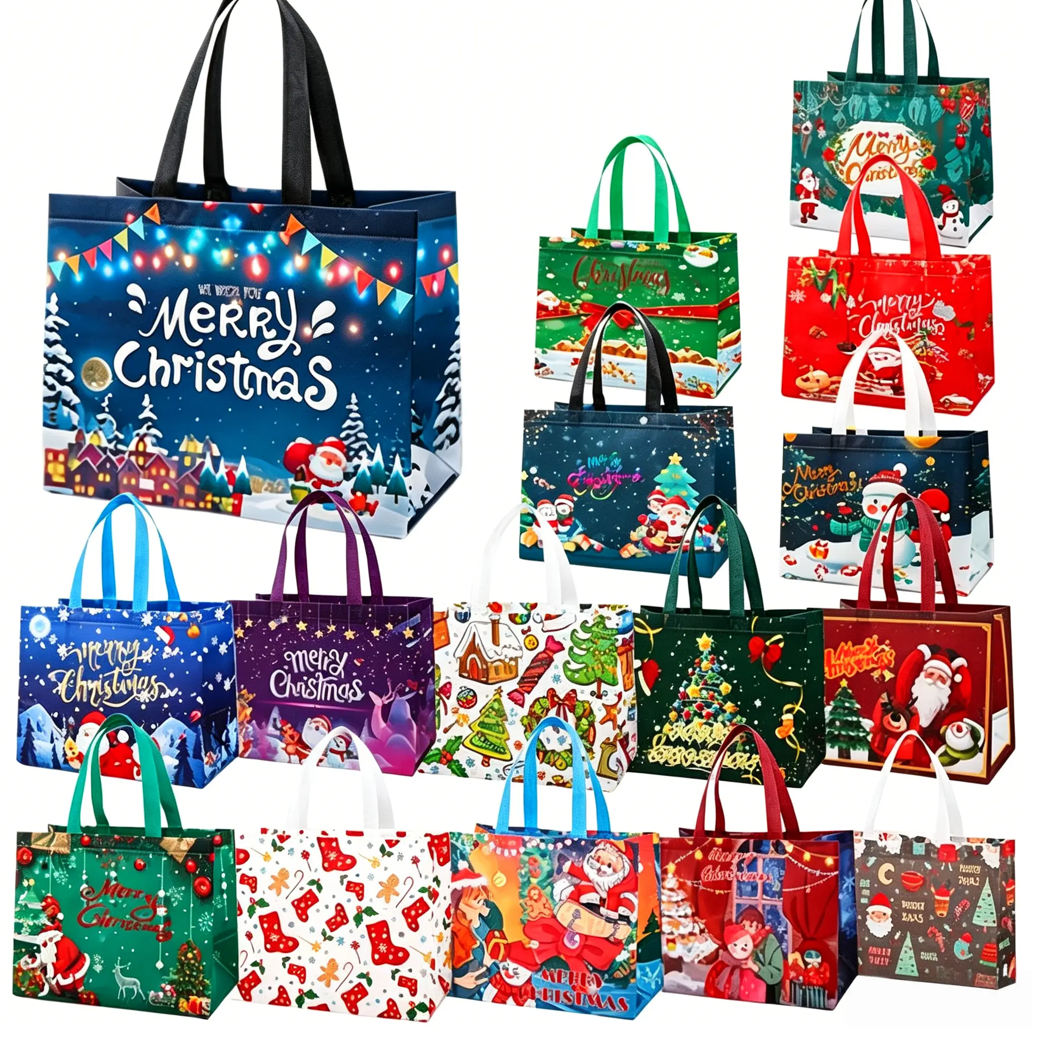 Lightweight Reusable Festive Tote Bags with Handle, Eco-Friendly Non-Woven Unisex Goodie Bags (16/32 Pcs, 16 Styles, Large-Capacity) for Holiday Christmas Party Wedding Favors (Highlights Reusability), Gift, 16 Festive Styles