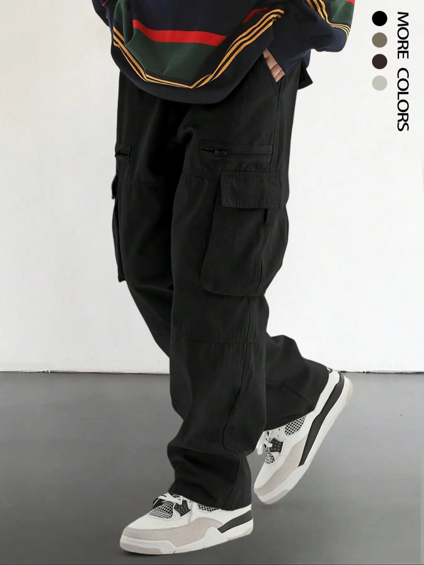 Men's Plain Drawstring Waist Cargo Pants, Loose Street Fashion Zipper Multi-pockets Casual Slant Pocket Trousers, Pants for Men, Menswear Summer Work Outfits, Mens Bottoms, Casual Streetwear Trousers, Adjustable Waist Pants