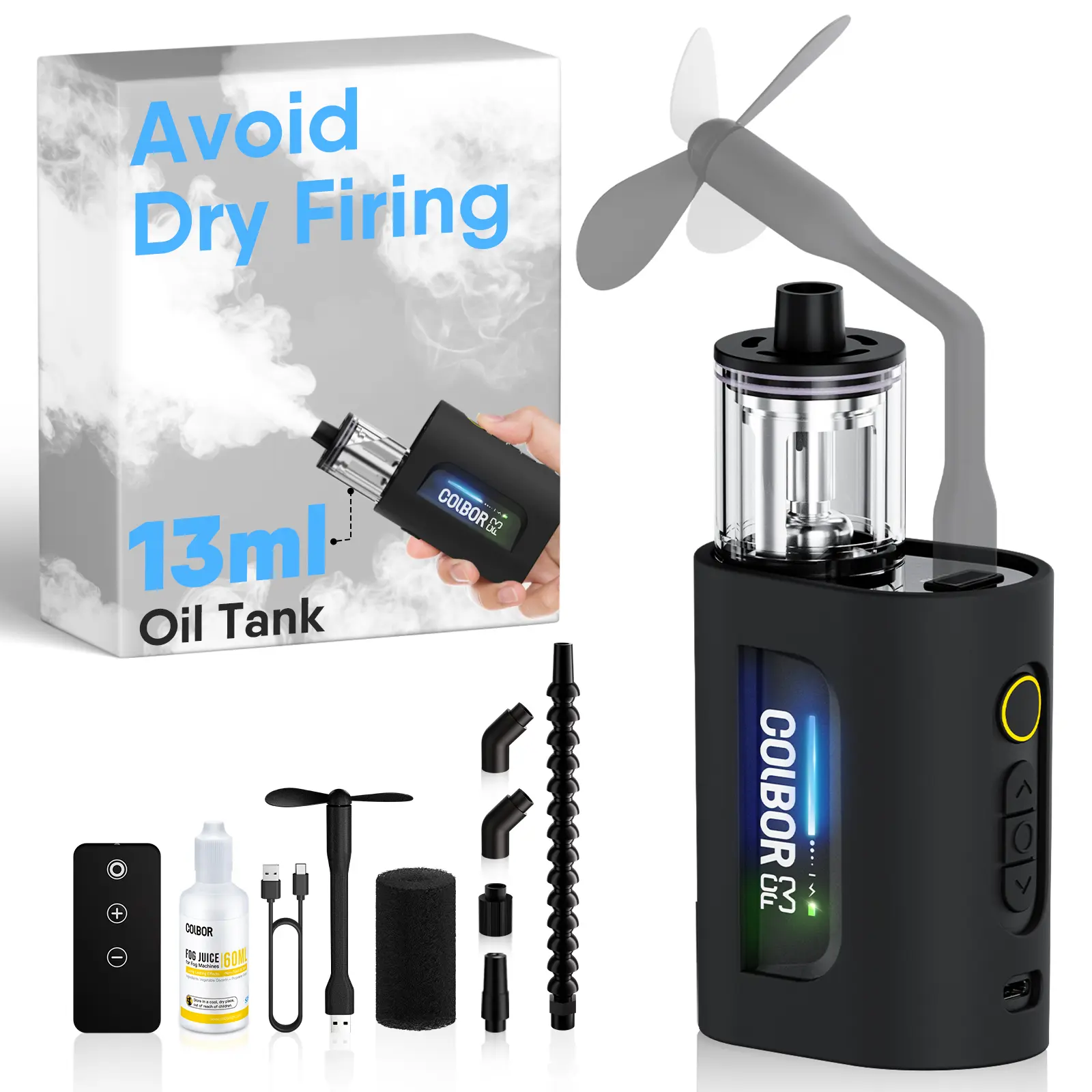 COLBOR Mini Fog Machine 30W Portable Handheld Fogger with Remote Control, 60° Tilt-Protection, Compact Smoke Machine for Photography, Parties and Events, Battery-Compatible Design