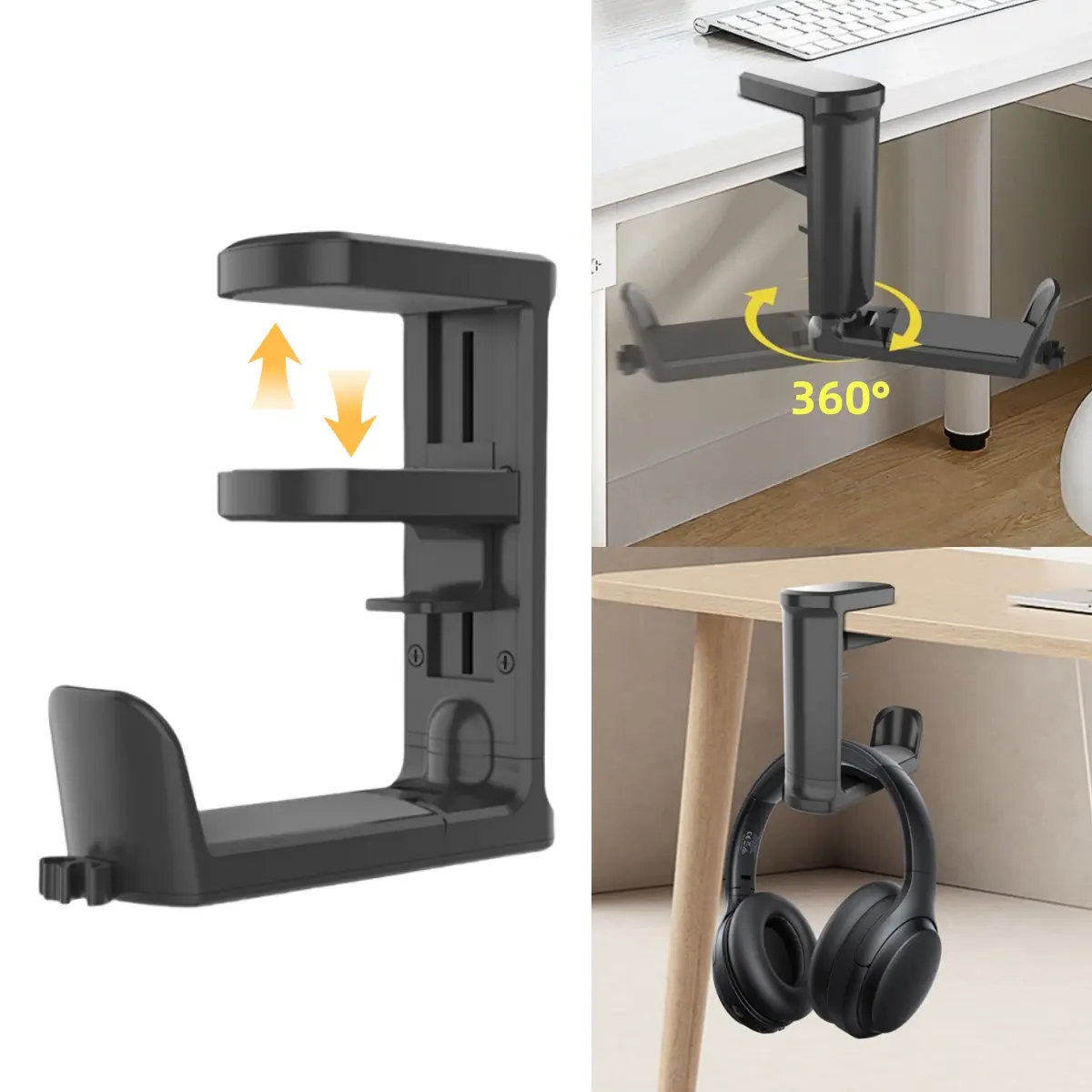 Black 360° Rotating Desk Headphone Stand - Gaming Accessory, PC Headset Holder, Angle-Adjustable Clamp-On Under Desk Hanger Mount Hook With Cable Clip Organizer, Multi-Functional Clamping Storage Bracket
