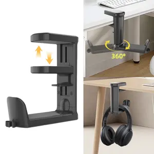 360° Rotating Headphone Stand - PC Gaming Headset Holder, Angle Adjustable Clamp-on Under Desk Hanger Mount Hook With 360 Degree Swivel & Cable Clip Organizer, Multi Functional Clamping Storage Bracket - Black