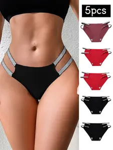 Women's Low Waist Sexy Fit Belt Set, Soft Comfortable Breathable Quick-Dry Everyday Underwear Panties, Plain Elegant Style, 5 Pcs Pack, All Seasons
