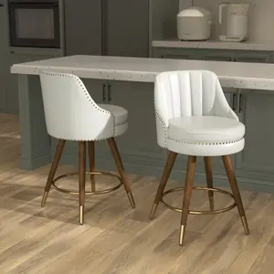 Counter Height Bar Stools, 24" Leather Bar Stools with Backs, Swivel Counter Stools with Wooden Legs for Kitchen, Dining Room, Bar