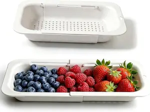 Over the Sink Colander Strainer Basket, Extendable Colander and Strainer for Kitchen, Wash Vegetables and Fruits, Drain Pasta and Dry Dishes, Adjustable Colander from 13.5In to 18.7In, White Triangular