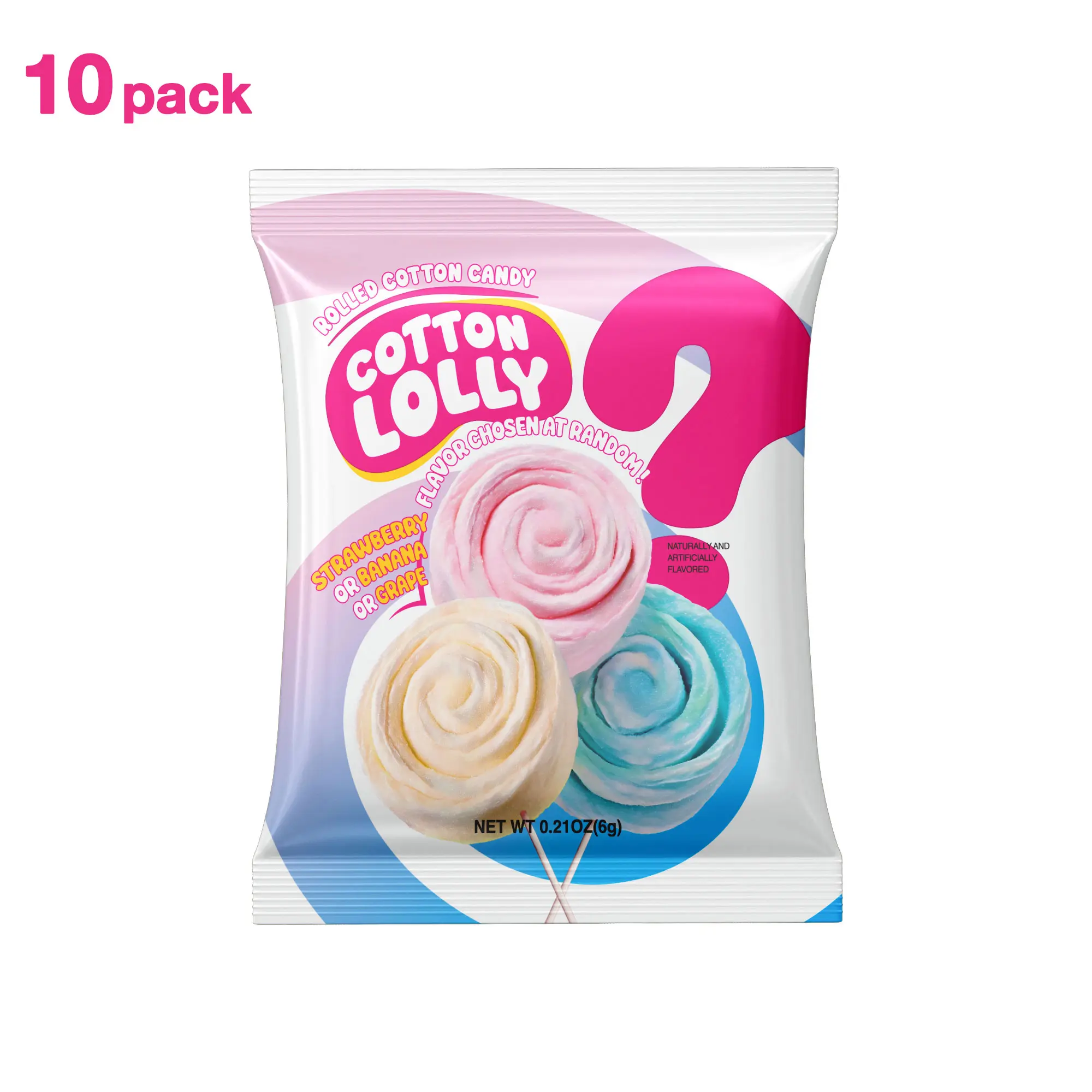 Cotton Lolly Rolled Cotton Candy Mystery Flavor Candy, Assorted with Strawberry, Banana, and Grape 10 bags