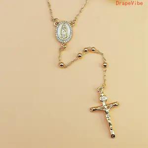 Vintage Iced Out Virgin Mary Bead Cross Charm Necklace, Cuban Rope Chain With Tassel Pendant, Unisex Hip Hop Daily Jewelry for Sports & Outdoor Fan Shop Enthusiasts