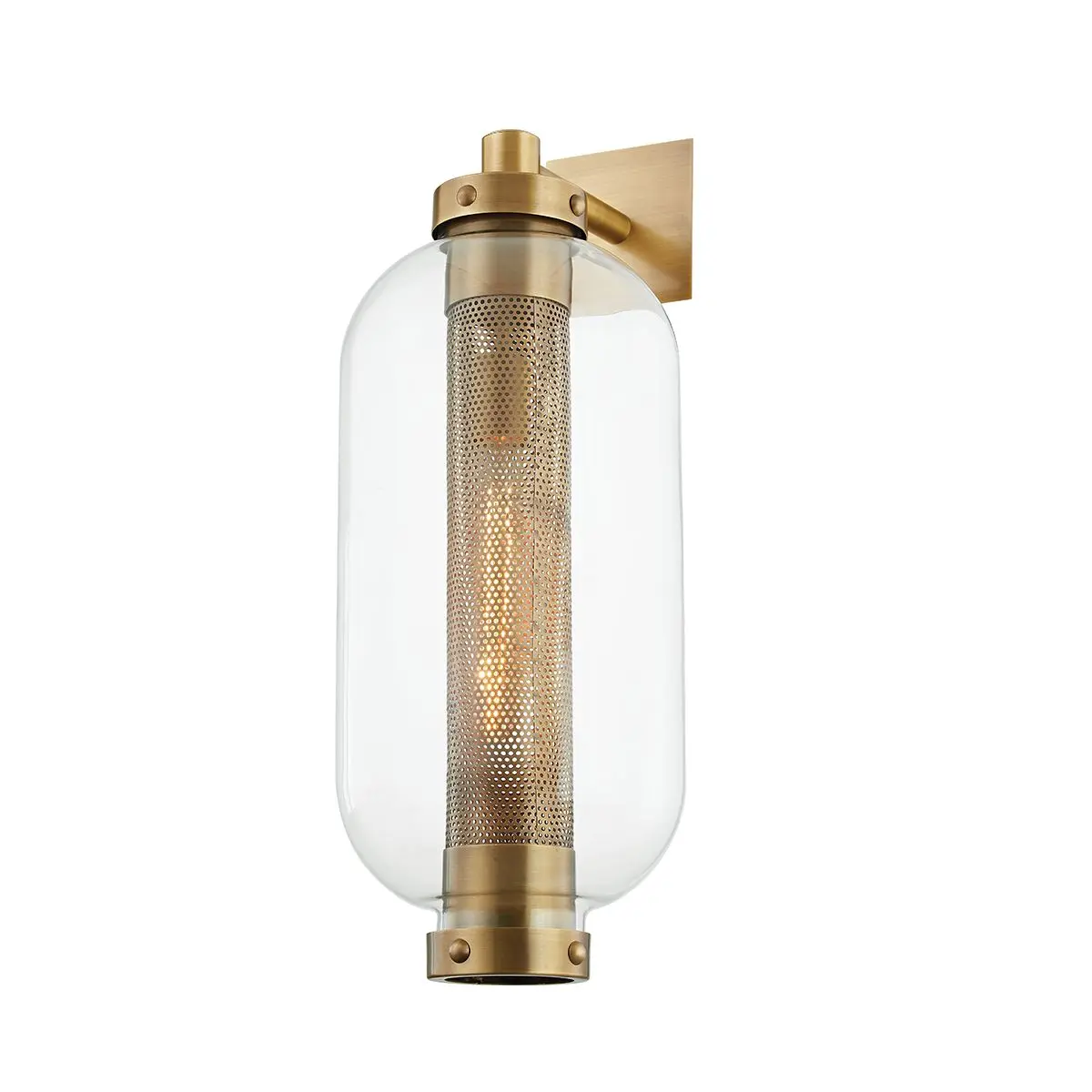 Atwater Medium Wall Sconce with Patina Brass Finish and Industrial Design for Indoor and Outdoor Use