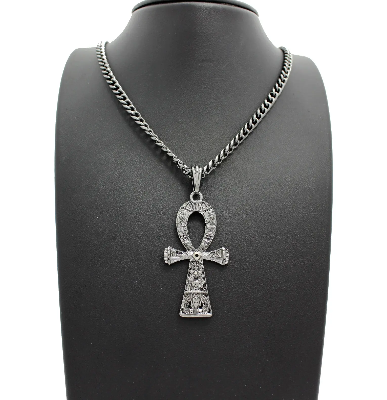 MaxBling81 Hematite Black Ankh Cross Life Symbol Hip Hop Egyptian Charm Pendant & 5mm 24in Cuban Chain Necklace Set, Ancient Style Ankh Cross Emblem Chain Accent Costume Jewelry for Daily Wear, Ankh Necklaces, Ancient Style Necklaces