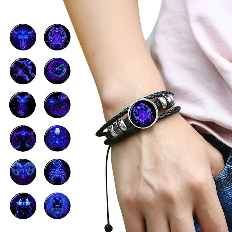 Unisex 1pc 12 Constellation Luminous Bracelet - Multi-layered Woven Stackable Look Fashion Costume Jewelry Accessory with Leather Strap for Casual Daily Wear, Unisex Wear, Stacked Bracelets, Casual Wear