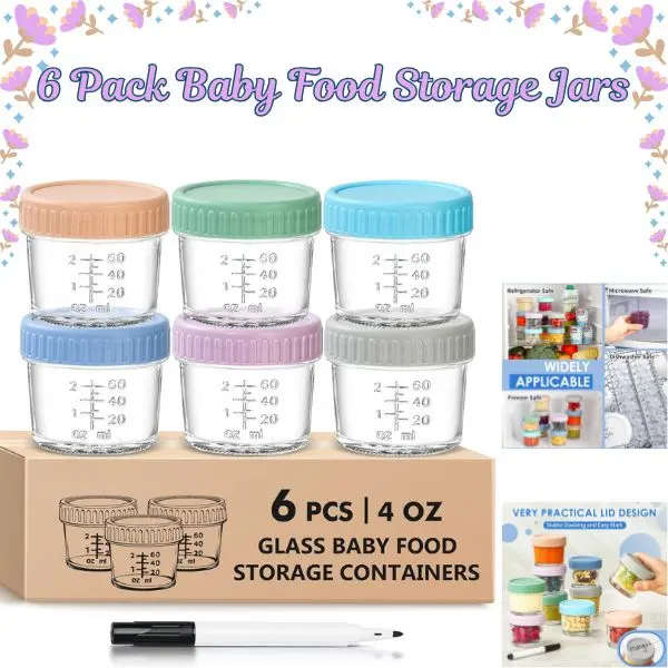 Baby Food Storage Glass Jars - 6-Pack 4 fl oz Eco-Friendly Reusable Lightweight Portable Waterproof PVC-Free BPA-Free Stackable Containers with Snug Lids, Microwave-Safe for 0-3 Years Children’s Homemade Meals