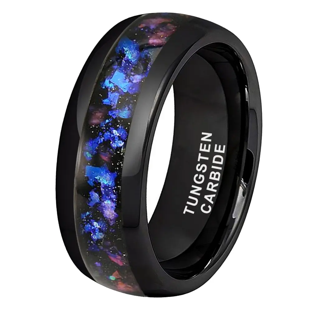 Durable Scratch Resistant Yonifu Tungsten Carbide Wedding Ring 8mm Black Band with Blue Opal Galaxy Inlay Unique Gift for Him