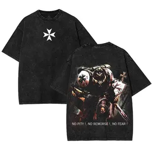 Black Templars No Pity, No Remorse, No Fear Tee Warhammer 40k Oversized Washed Vintage Shirt – Double-Sided Sci-Fi Graphic & 230gsm Heavy Cotton Gaming Streetwear.