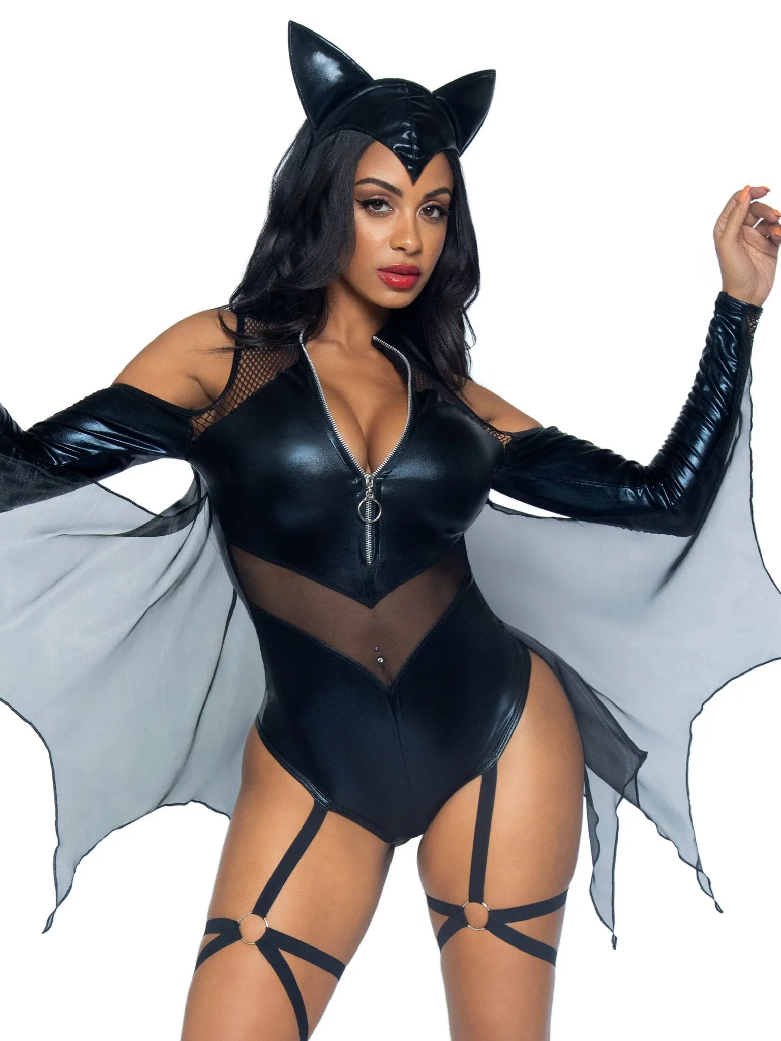 Women's Halloween Comic-Style Midnight Bat Sexy Sheer Costume with Accessories, Superheroes Costume Ideas, Leather, Halloween Costume