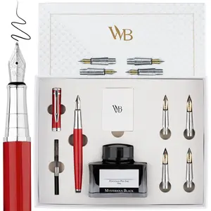 Fountain Pen  Set, Includes Bottle, 6 Cartridges Refill Converter, 4 Replacement Nibs,  Package, Journaling, Calligraphy, Smooth Writing Pens [Red Chrome]