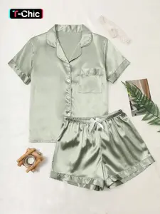 Women's Short Pajama Set, Casual Loose Fit Sleepwear Loungewear, Soft Satin Fabric, Button-Neck Top & Pants, All Seasons Comfort