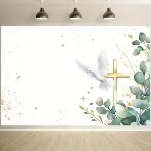 Wedding & Faith Celebration Backdrop – Dove Cross Eucalyptus Tapestry, Wall Hanging, Photography Background, Polyester HD Print, Party, Event, Birthday, Decor