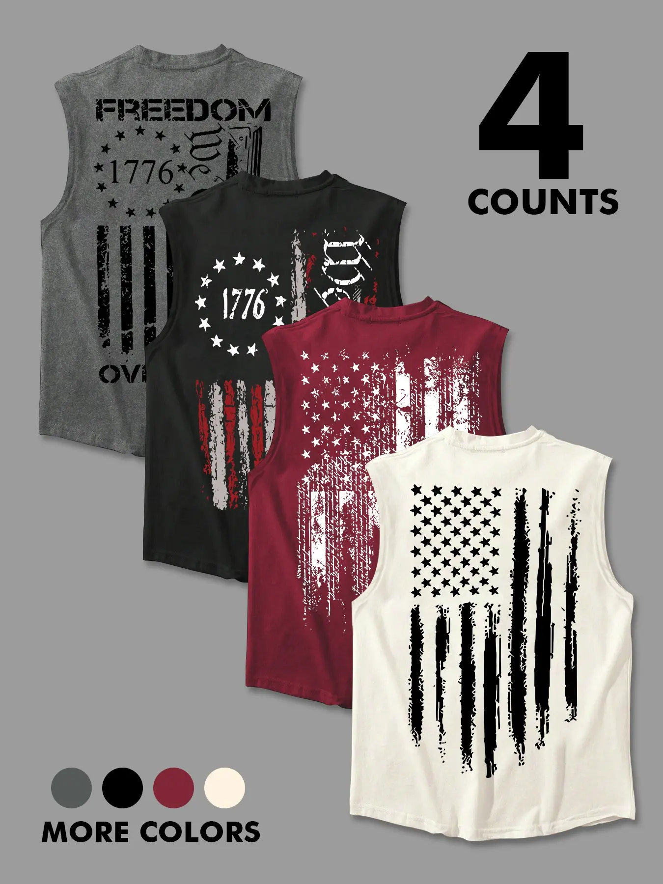 Men's 4-Pack 1776 Patriotic Tank Tops, Vintage American Flag & Freedom Graphic Sports Vest, Workout Tops for Gym, Training, Independence Day, Athletic Tank Top, Athleisure Tank, Sleeveless Gym Top