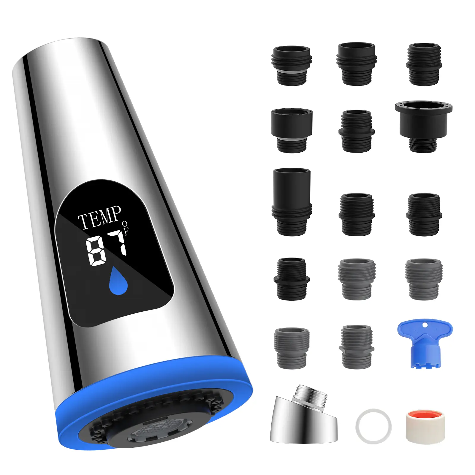 Hibbent Adjustable Spray Head Kitchen Taps Faucet Rinsing Attachment - 4 Spray Modes, LED Temp Disp., High Pressure Chrome Nozzle, 15 Adapters, Universal Fit for Moen, American Standard, Delta, Kohler, Pull Down Compatible, Added Safety, Convenience